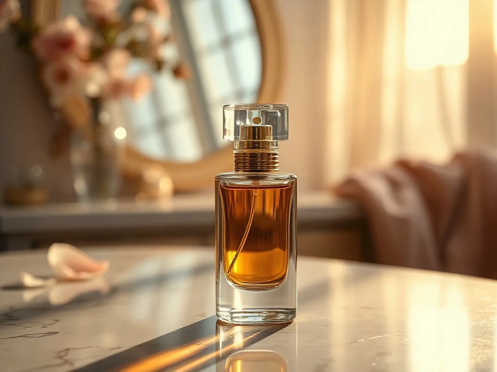 Elegancki flakon perfum La Rive Her Choice na marmurowym blacie w otoczeniu kwiatów i jedwabnej apaszki.