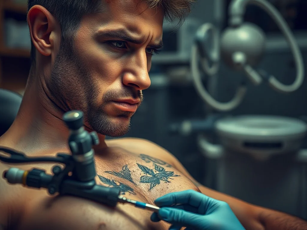 Mężczyzna w studiu tatuażu odczuwa ból podczas tatuowania okolic żeber, co obrazuje jedno z najbardziej bolesnych miejsc.