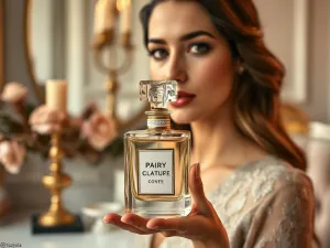 Klasyczny flakon perfum Paco Rabanne na drewnianym stole w tle z eleganckim mężczyzną w garniturze.