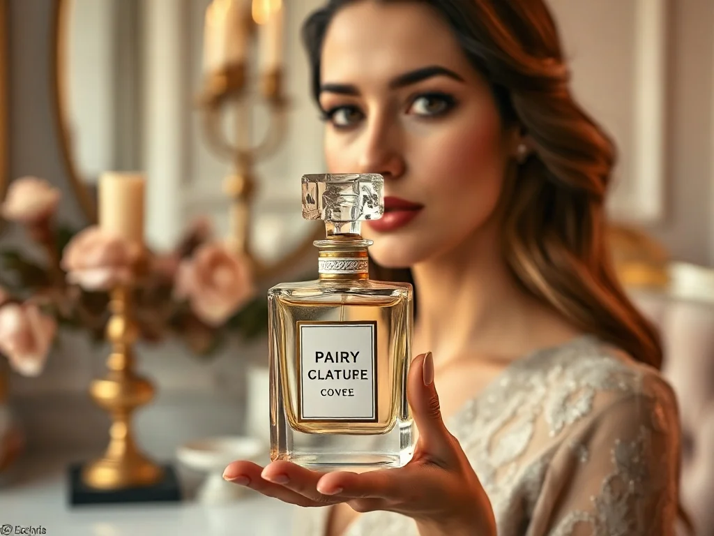 Elegancka kobieta trzymająca luksusowy flakon perfum Carolina Herrera na tle stylowej toaletki.