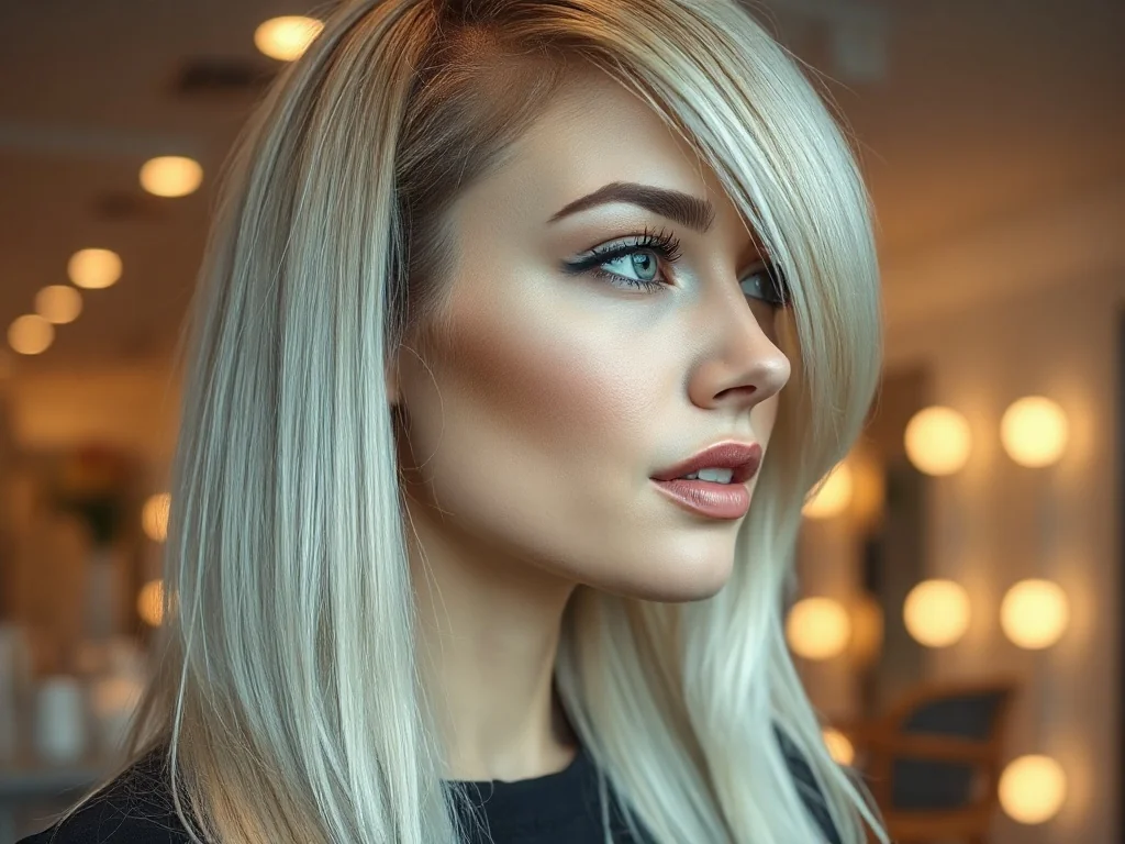 Kobieta z modnym efektem ciemnych odrostów przechodzących w platynowy blond w nowoczesnym salonie fryzjerskim.