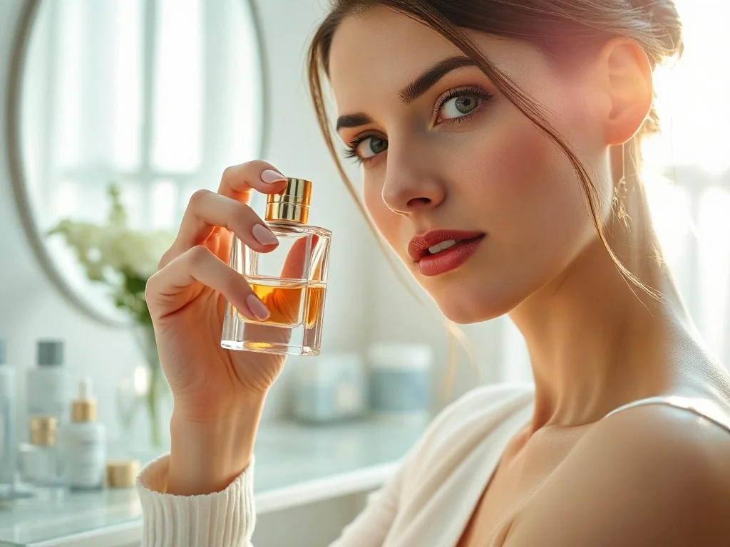 Elegancka kobieta trzymająca minimalistyczny flakon perfum w jasnym, nowoczesnym wnętrzu z naturalnym światłem.