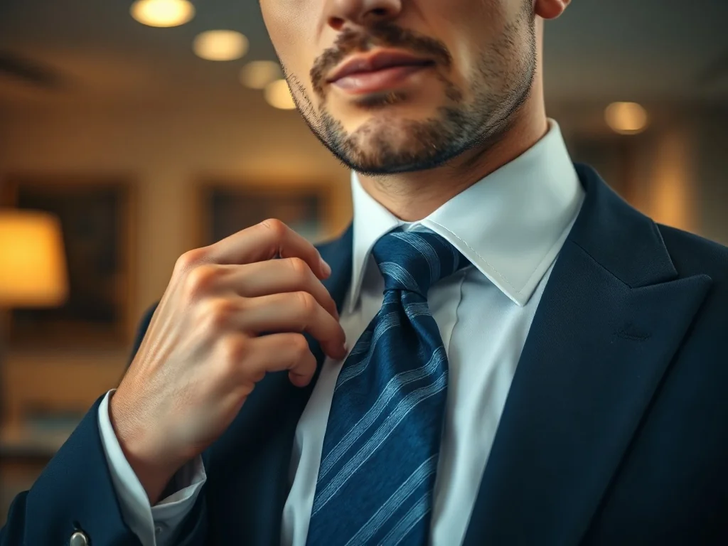 Elegancki mężczyzna poprawia krawat, którego końcówka sięga idealnie do klamry paska, zgodnie z zasadami męskiej elegancji.
