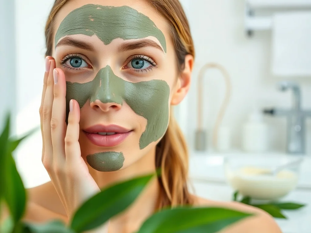 Kobieta nakłada zieloną maskę oczyszczającą na twarz w jasnym, minimalistycznym wnętrzu przypominającym spa.