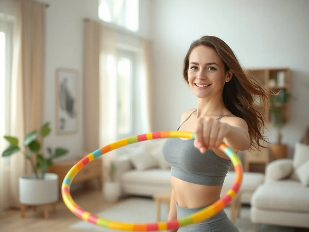 Uśmiechnięta kobieta ćwicząca z hula-hoop w jasnym salonie, obrazująca efekty regularnego treningu.